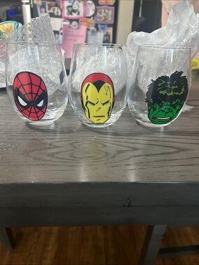 Marvel-Inspired Stemless Wine Glasses (Set of 3) - Spider-Man, Iron Man, Hulk